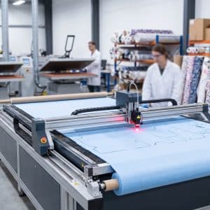 Máy cắt laser vải: Hướng dẫn chọn máy phù hợp cho xưởng may & in ấn Máy cắt laser vải trong xưởng sản xuất hiện đại