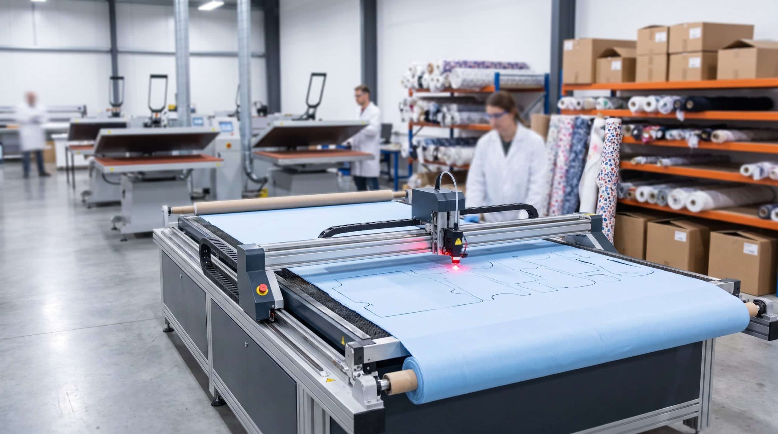 Máy cắt laser vải: Hướng dẫn chọn máy phù hợp cho xưởng may & in ấn Máy cắt laser vải trong xưởng sản xuất hiện đại