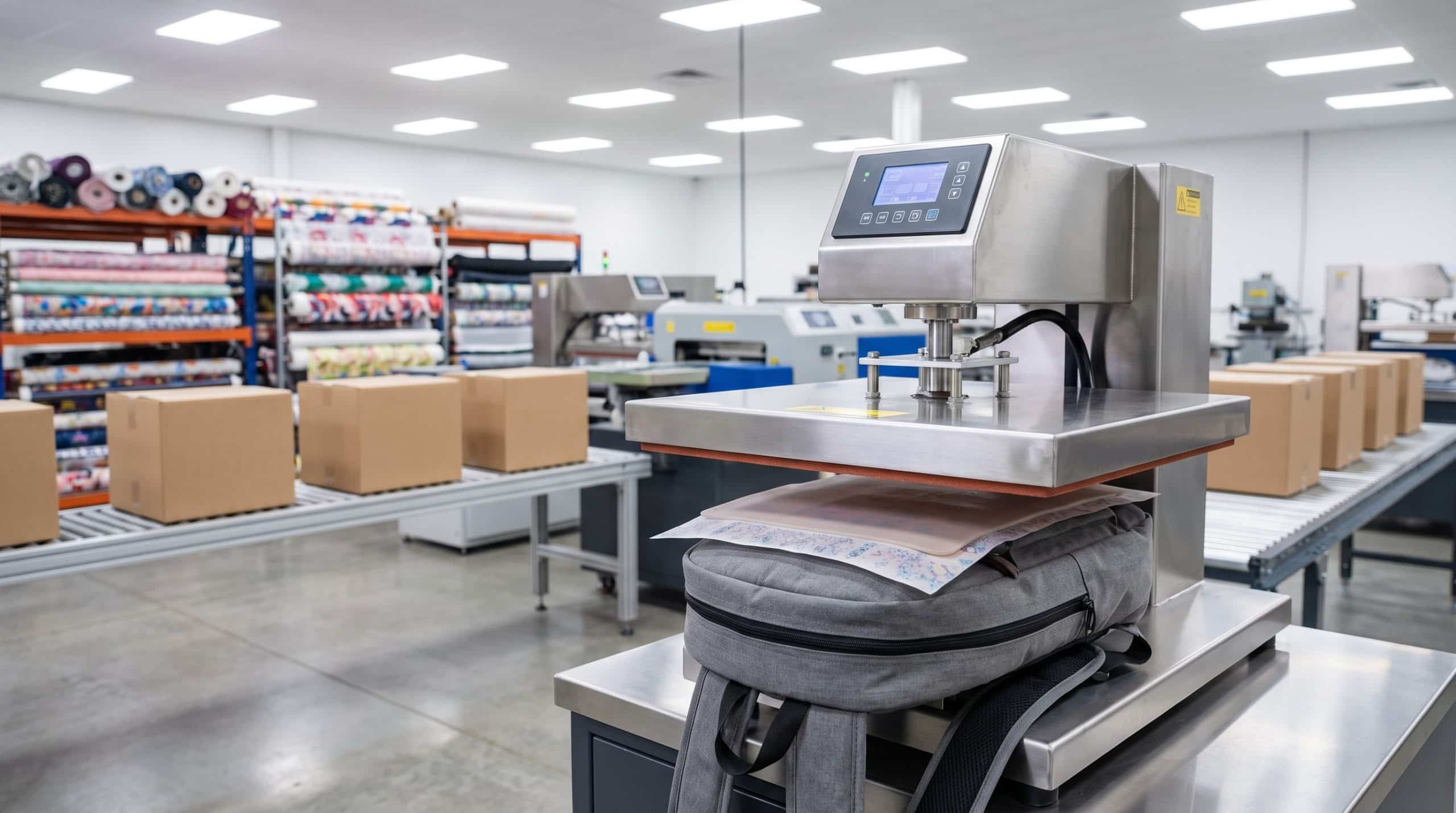 In Logo Lên Balo: Hướng Dẫn Chi Tiết Cho Chủ Shop & Doanh Nghiệp Máy in chuyển nhiệt đang in logo lên balo tại xưởng INTERPRINT